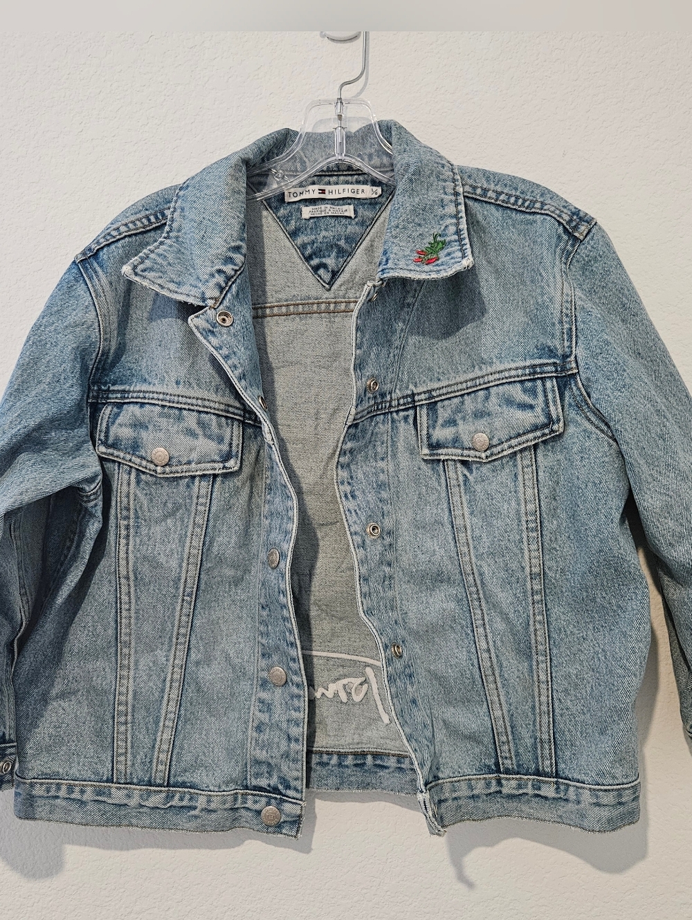 Vintage Tommy Hilfiger Light Wash Denim Jacket with Floral Detail 3/4 Sleeve